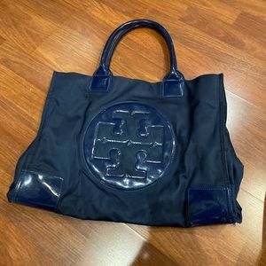 Large Tory Burch Patent and Nylon Bag in Navy